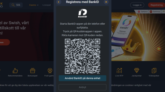 QR-kod vid registrering med BankID hos Frank Casino