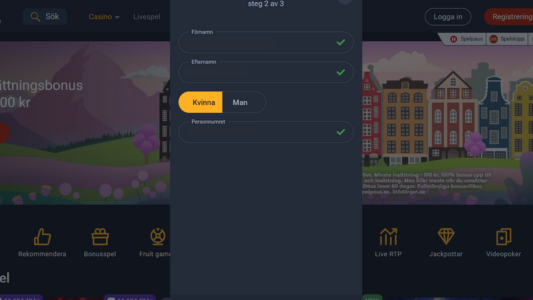 Fyll i personuppgifter hos Frank Casino