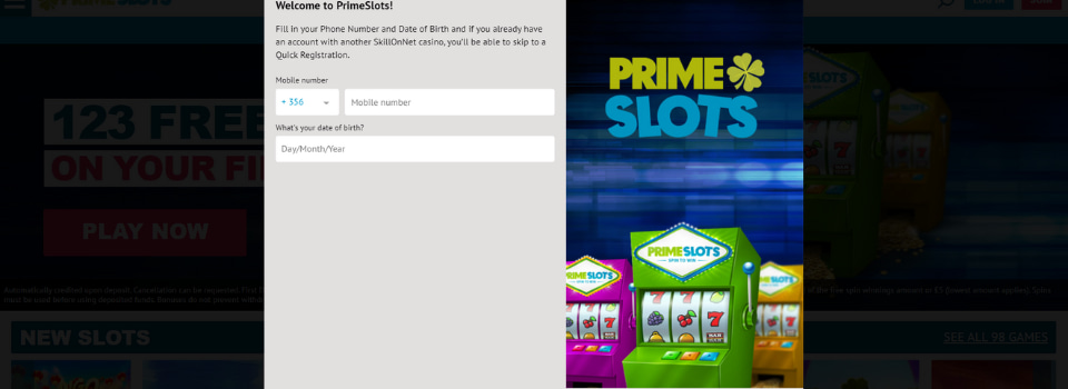 Prime Slots Casino registreringsfält