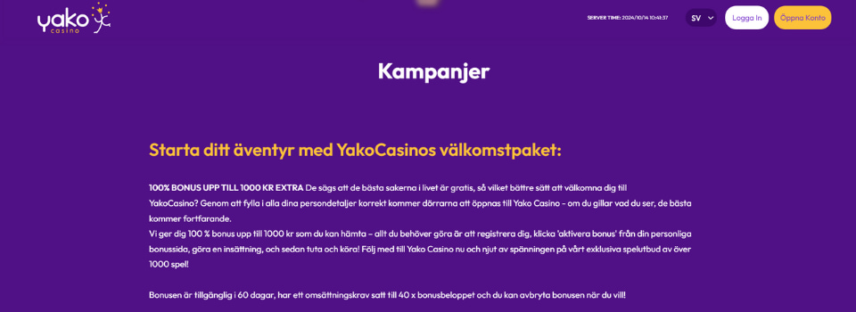 Yako Casino välkomstbonus