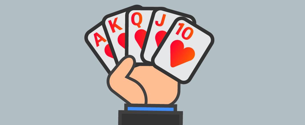 JohnSlots - bluffaaminen pokerissa - kuvan pokerikädessä 10, jätkä, akka, kunkku ja ässä.
