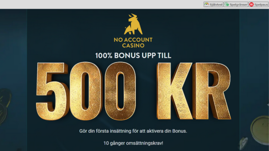 500 kr i guldfärg på en mörkblå bakgrund hos No Account Casino