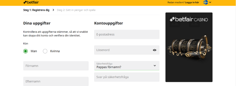 Registreringsformulär hos Betfair Casino