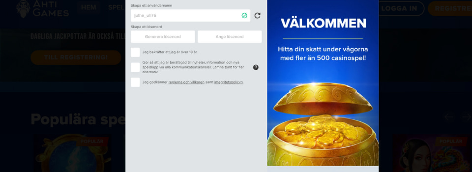 Ange ett användarnamn och lösenord hos Ahti Games Casino