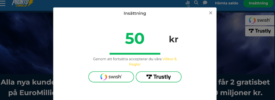 Pronto Casino ange belopp vid insättning