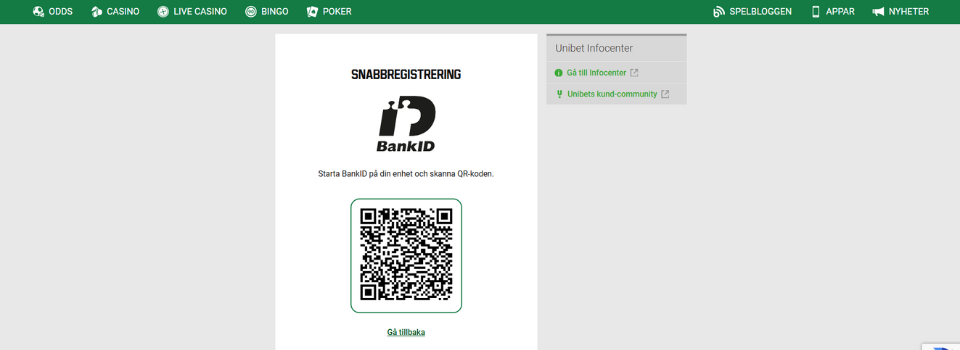 Unibet Casino QR-kod vid verifiering