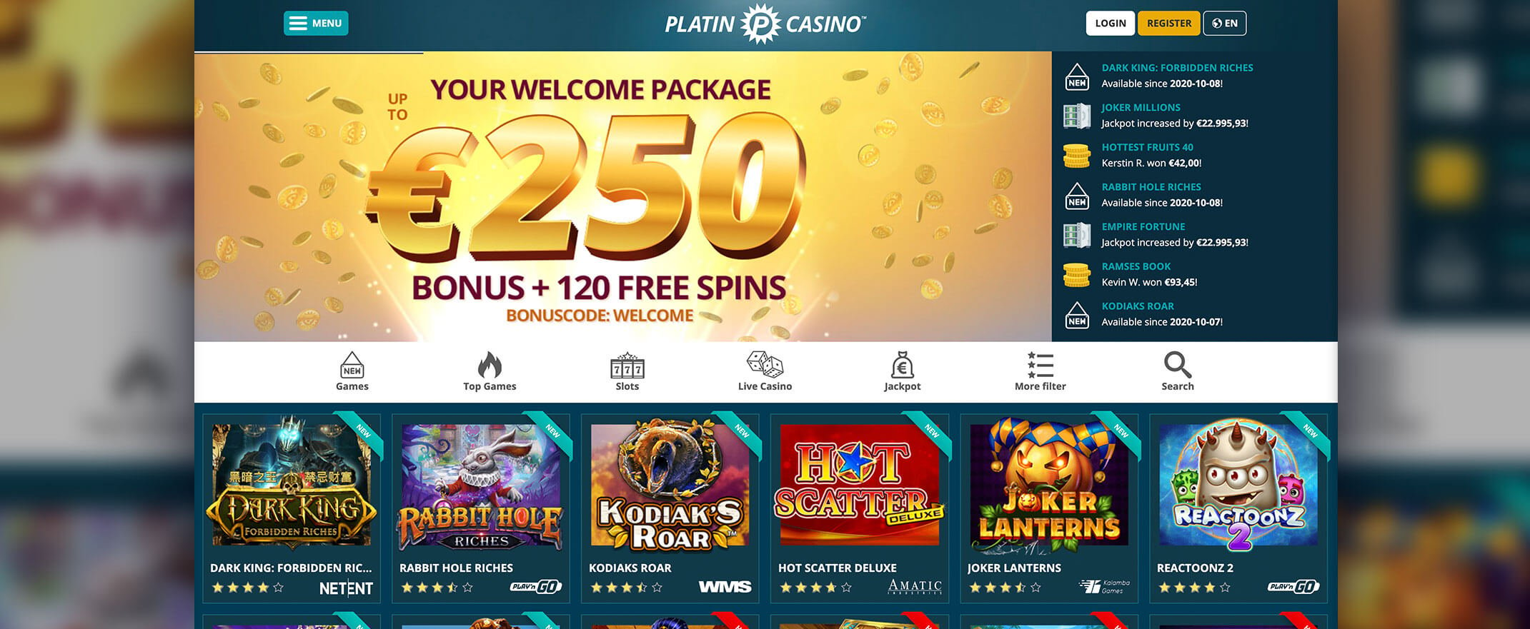 Platin casino homepage screenshot