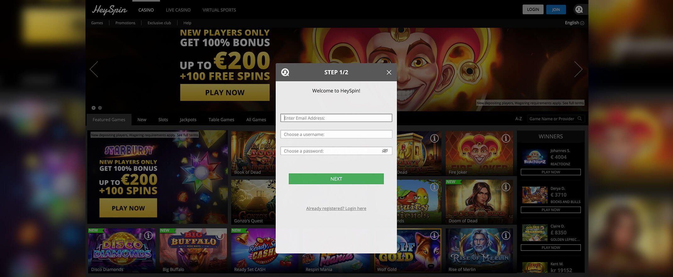 Hey Spin casino registration screenshot