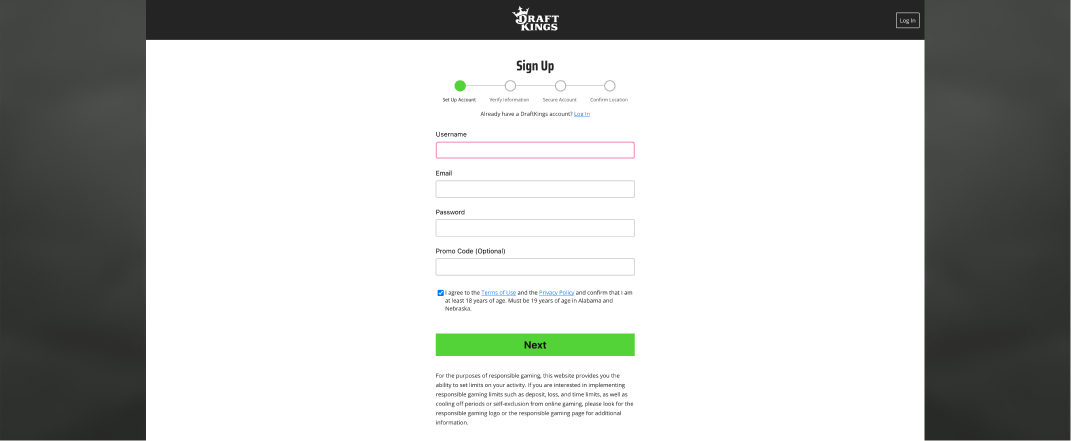 DraftKings screenshot of the registration