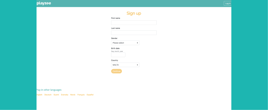 Playzee screenshot of the registration