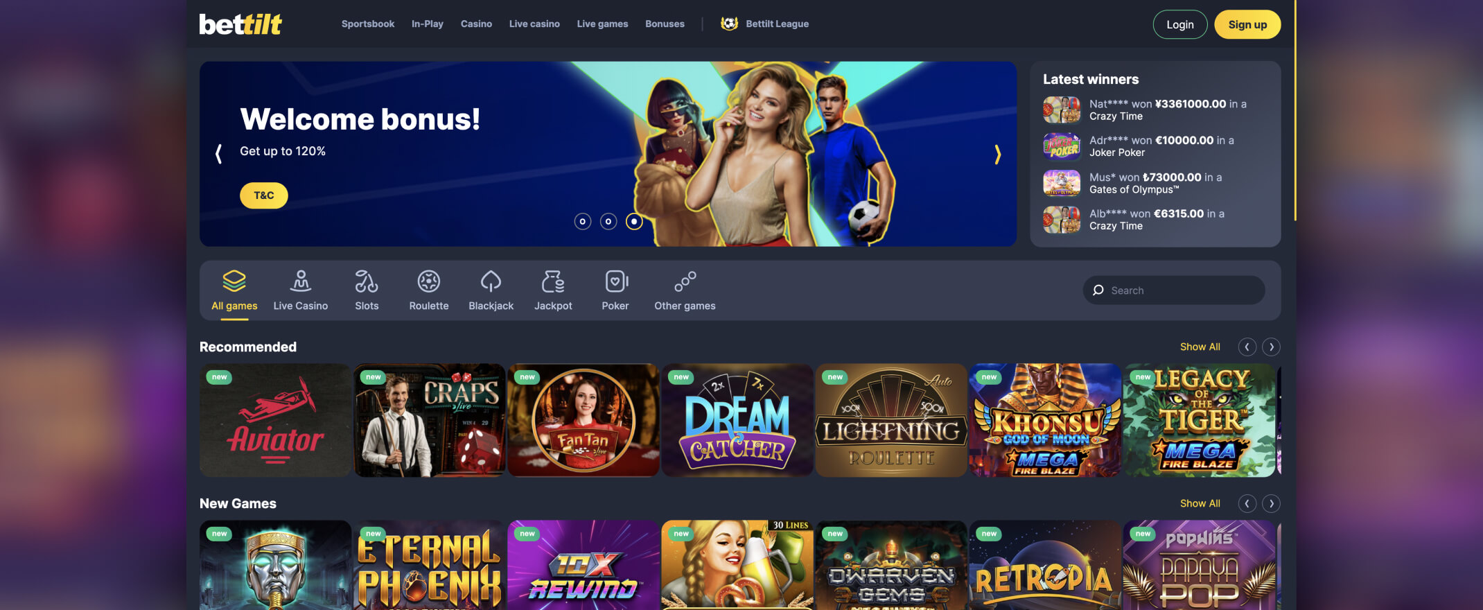 BetTilt casino screenshot of the homepage