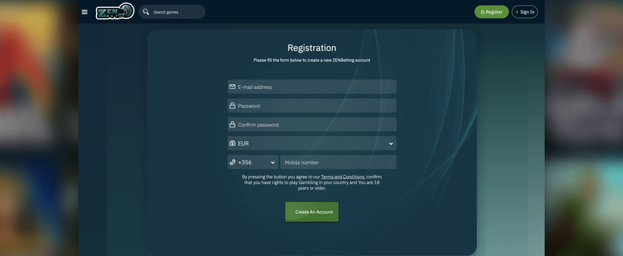 Zenbetting registration screenshot