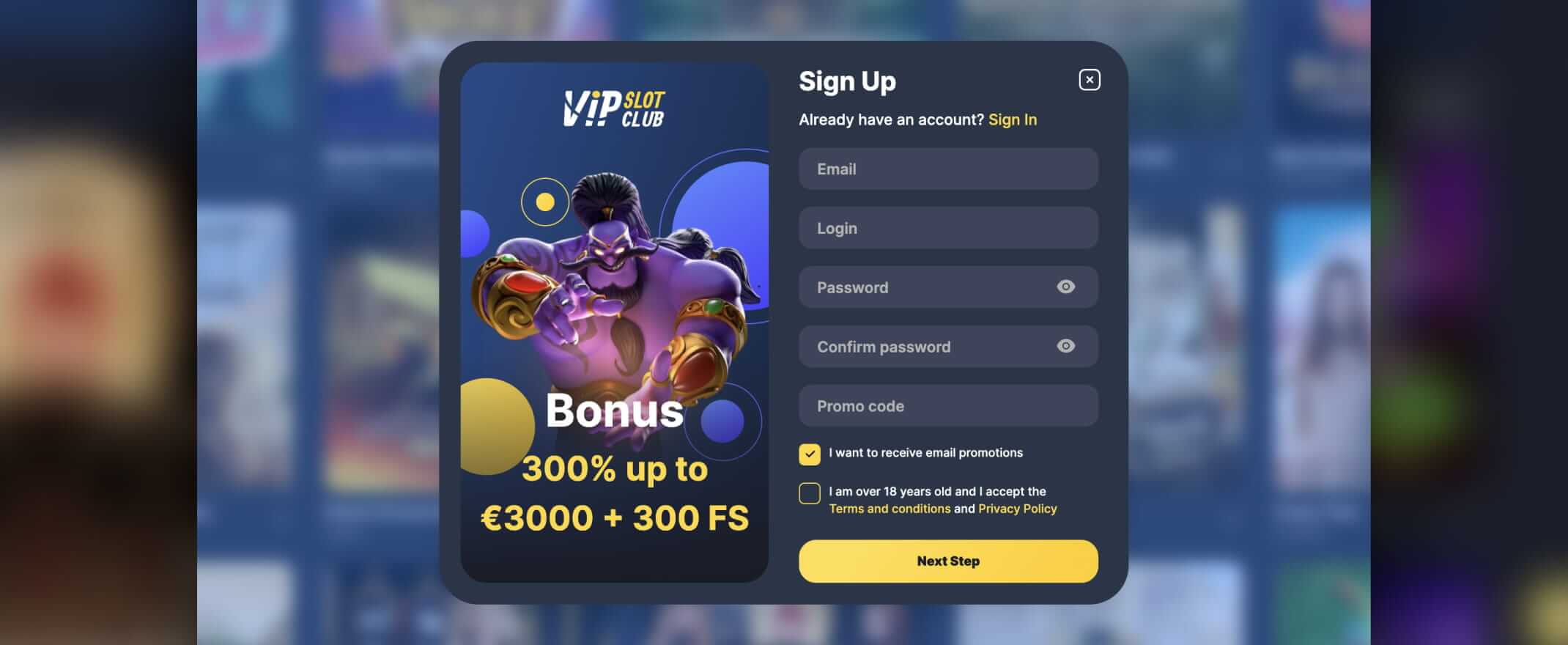 VipSlotClub Casino screenshot of the registration
