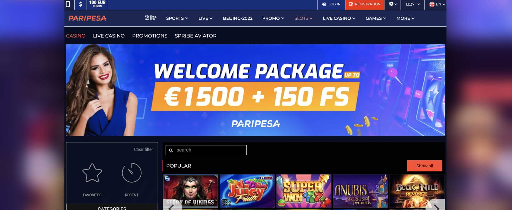 Paripesa screenshot of the homepage