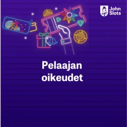 JohnSlots-logo, käsi, jossa etukuponki, ympärillä lahja ja pelimerkkejä sekä teksti Pelaajan oikeudet violetilla taustalla