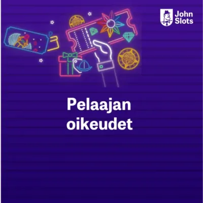 JohnSlots-logo, käsi, jossa etukuponki, ympärillä lahja ja pelimerkkejä sekä teksti Pelaajan oikeudet violetilla taustalla