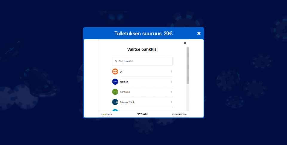 Kuvankaappaus Pelataan Casinon talletusikkunasta, näkyvissä 20 € talletus, 5 pankin logot ja Trustlyn logo