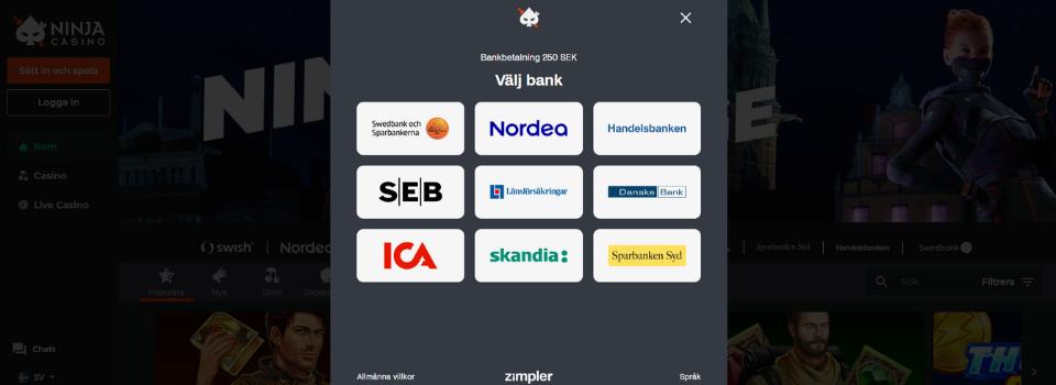 Välj bank hos Ninja Casino