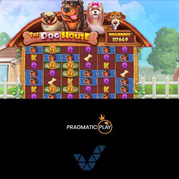 Kuvankaappaus Pragmatic Playn The Dog House Megaways -pelistä ja alhaalla Pragmatic Playn ja Veikkauksen logot mustalla taustalla