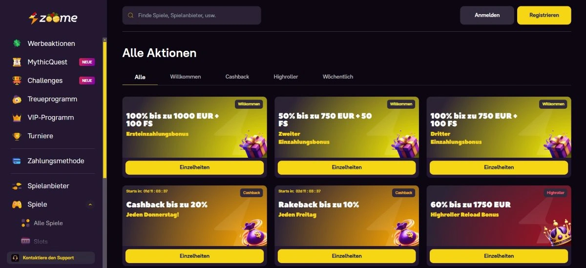 Zoome Casino Willkommensbonus