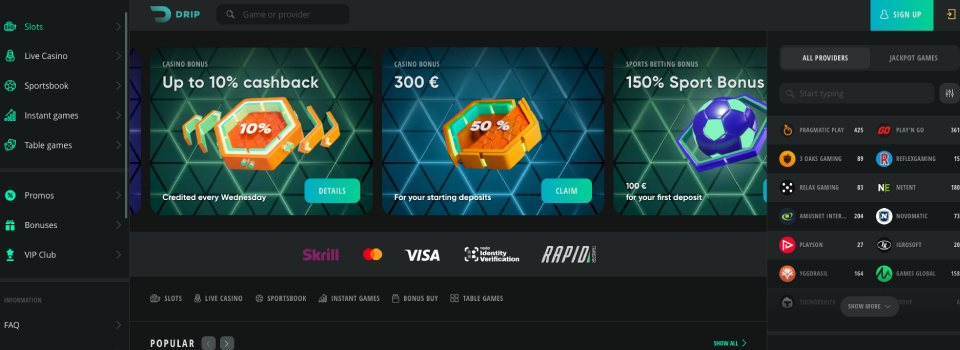 drip casino etusivun näkymä