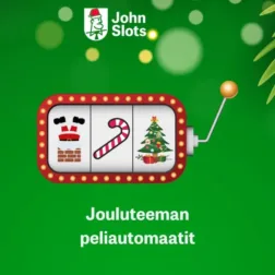 JohnSlots-logo, peliautomaatti, jonka keloilla piippuun katoava joulupukki, karamelli ja joulukuusi sekä teksti Jouluteeman peliautomaatit vihreällä taustalla