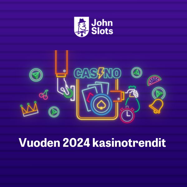 JohnSlots logo, Casino, jonka ympärillä pelien symboleita ja pelimerkkejä ja teksti Vuoden 2024 kasinotrendit