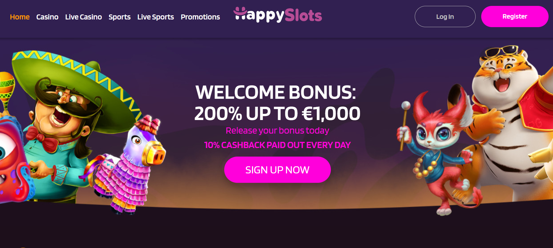 Happy Slots Home Page Screenshot
