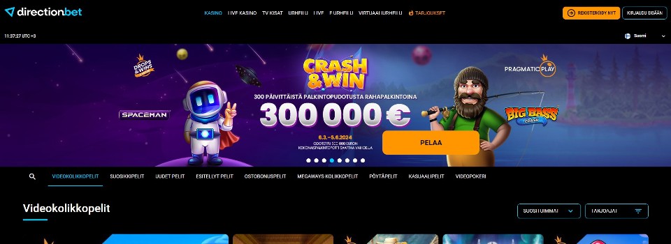 Kuvankaappaus DirectionBet Casinon etusivusta, kuvassa Crash & Win -kampanja ja peliautomaattien hahmoja