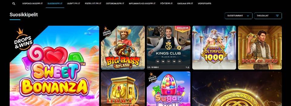Kuvankaappaus DirectionBet Casinon peliaulasta, kuvassa pelivalikot ja 7 suositun kasinopelin kuvakkeet