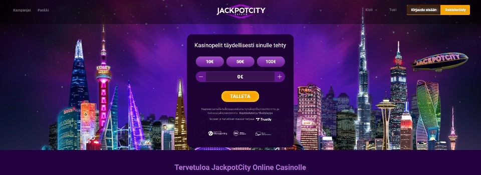 Kuvankaappaus JackpotCity Casinon etusivusta, kuvassa öinen kaupunkimaisema ja pikatalletusikkuna