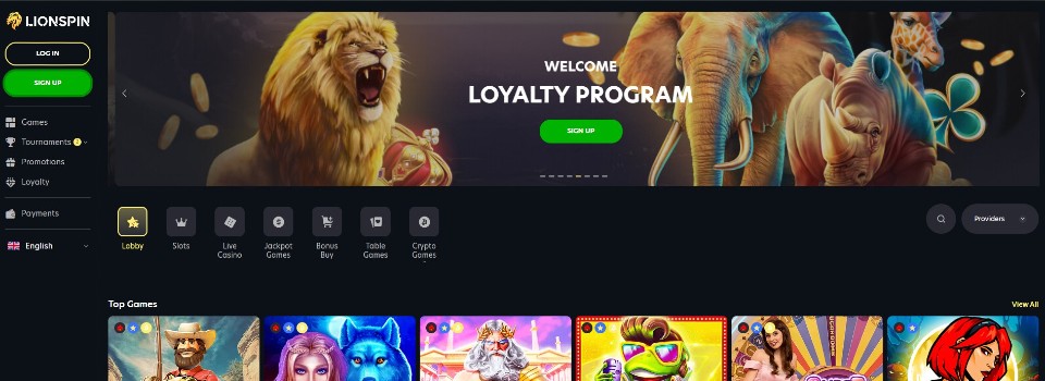 Kuvankaappaus LionSpin Casinon etusivusta, kuvassa uskollisuusohjelma eläinhahmojen kera sekä suosittujen pelien kuvakkeita