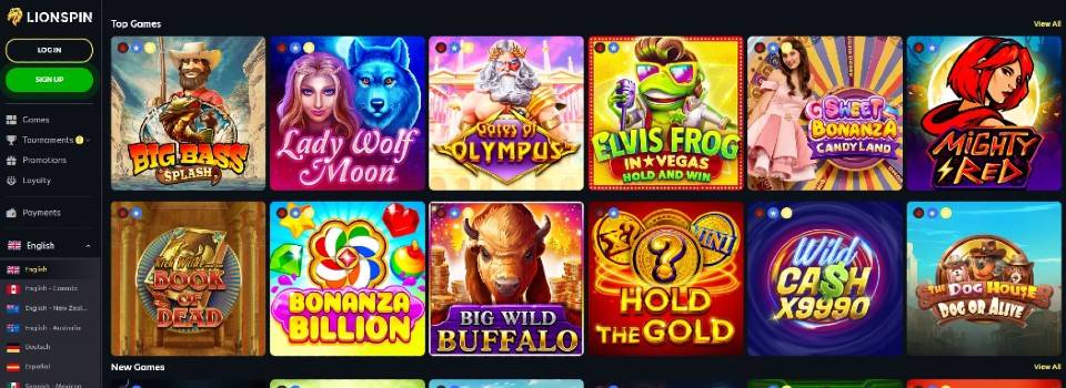 Kuvankaappaus LionSpin Casinon peliaulasta, kuvassa valikot ja 12 suositun peliautomaatin kuvakkeet