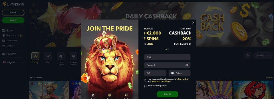 Kuvankaappaus LionSpin Casinonolle rekisteröitymisestä, kuvassa rekisteröitymislomake ja leijona kruunu päässä