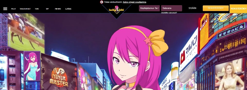 Kuvankaappaus Lucky Niki Casinon etusivusta, kuvassa pinkkihiuksinen Niki-hahmo anime-tyyliin