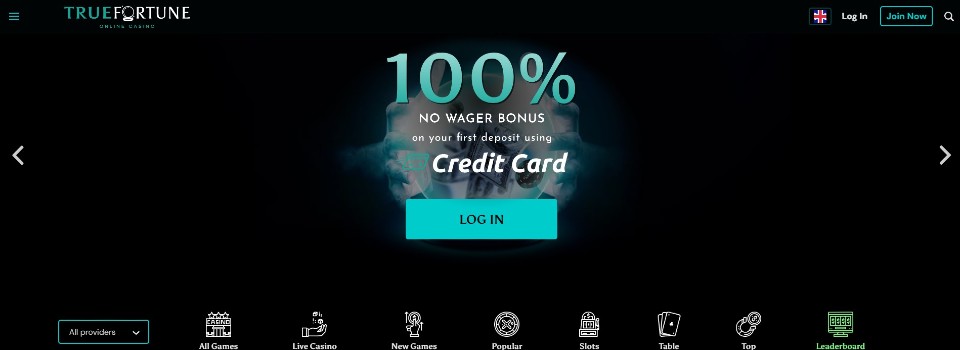 Kuvankaappaus True Fortune Casinon etusivusta, kuvassa 100 % kierrätysvapaa bonus ja pelivalikot