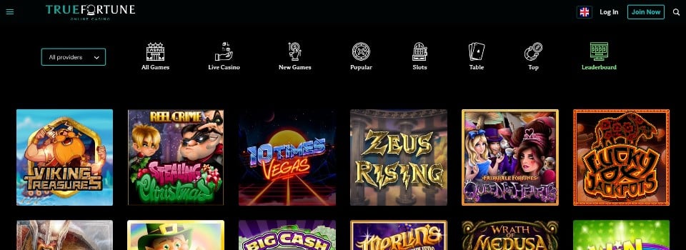 Kuvankaappaus True Fortune Casinon peliaulasta, kuvassa pelivalikot ja 6 suositun peliautomaatin kuvakkeet