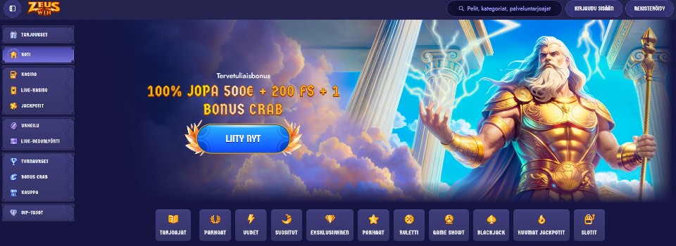 Kuvankaappaus ZeusWin Casinon etusivusta, kuvassa tervetuliaisbonus ja Gates of Olympus -pelin hahmo