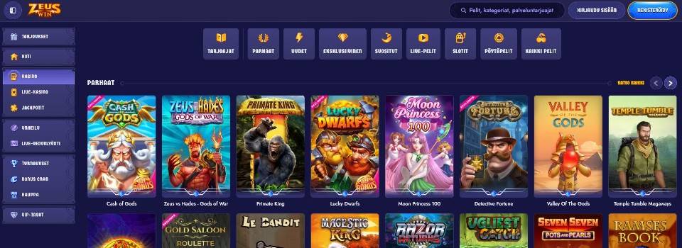Kuvankaappaus ZeusWin Casinon peliaulasta, kuvassa pelivalikot ja 8 parhaan peliautomaatin kuvakkeet