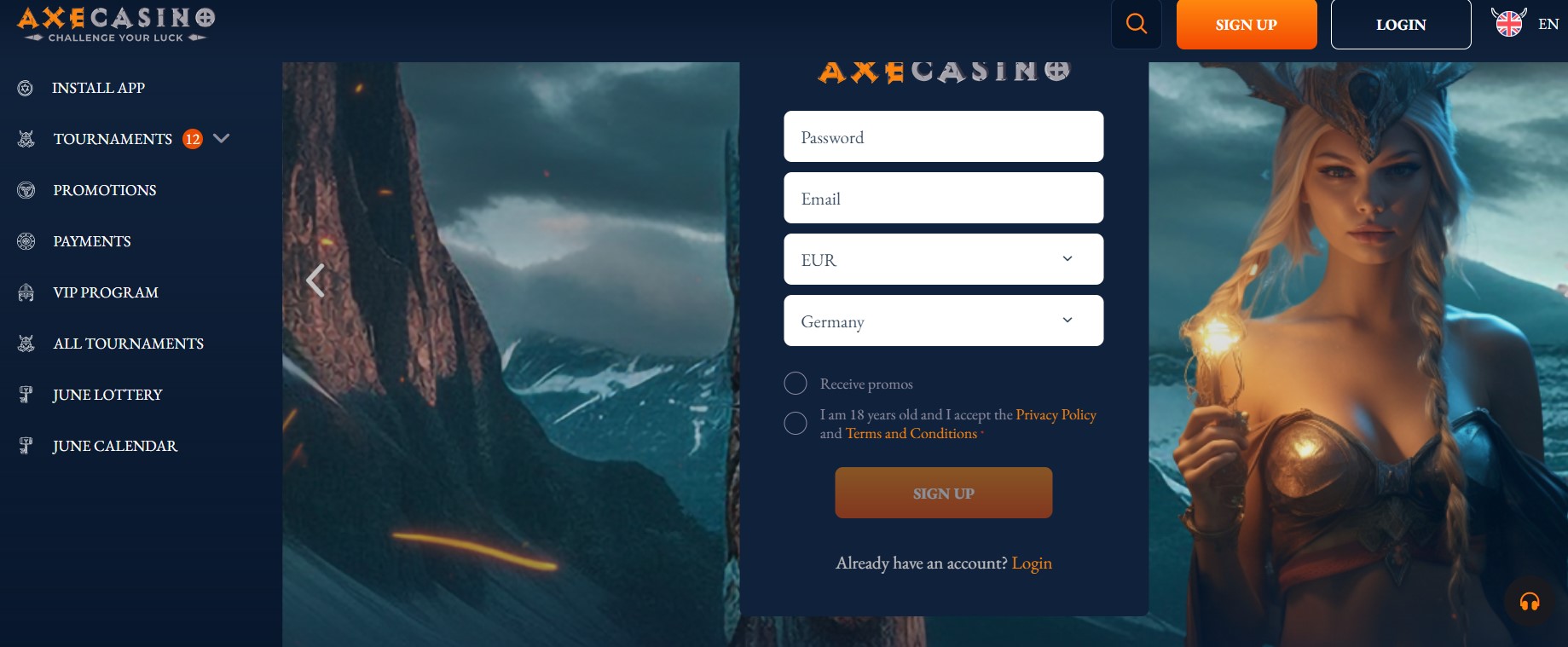 Axe Casino Homepage