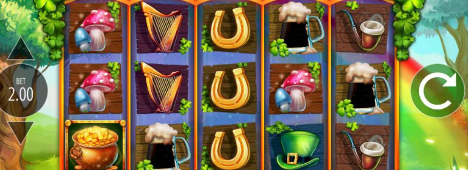 Screenshot of Slots O' Gold gameplay, showing many different colourful Irish symbols.