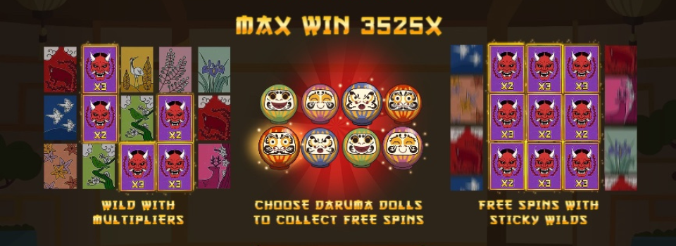 Image showing the start of the Hanafuda slot game by Popiplay. It shows the bonus features available, including sticky wilds.