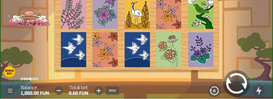 Image showing Hanafuda slot gameplay, with a gold-ish background, and green, pink, blue and orange cards.