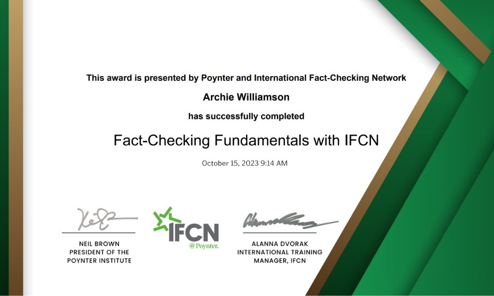 Archie Williamson IFCN certificate for fact-checking