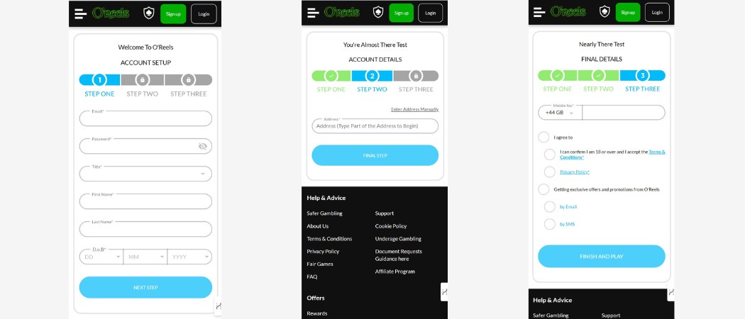 O'reels casino sign up 3 steps