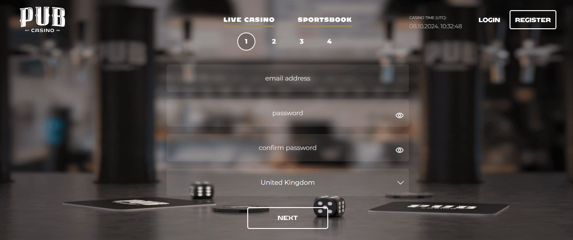 pub casino screenshot register