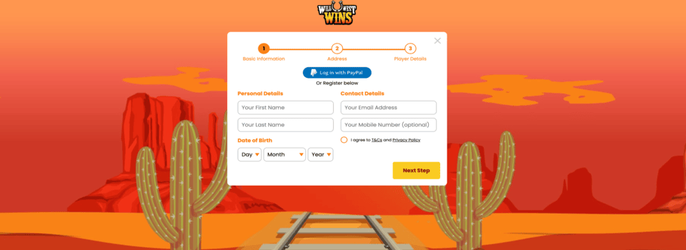 Sign up screen for Wild West Wins