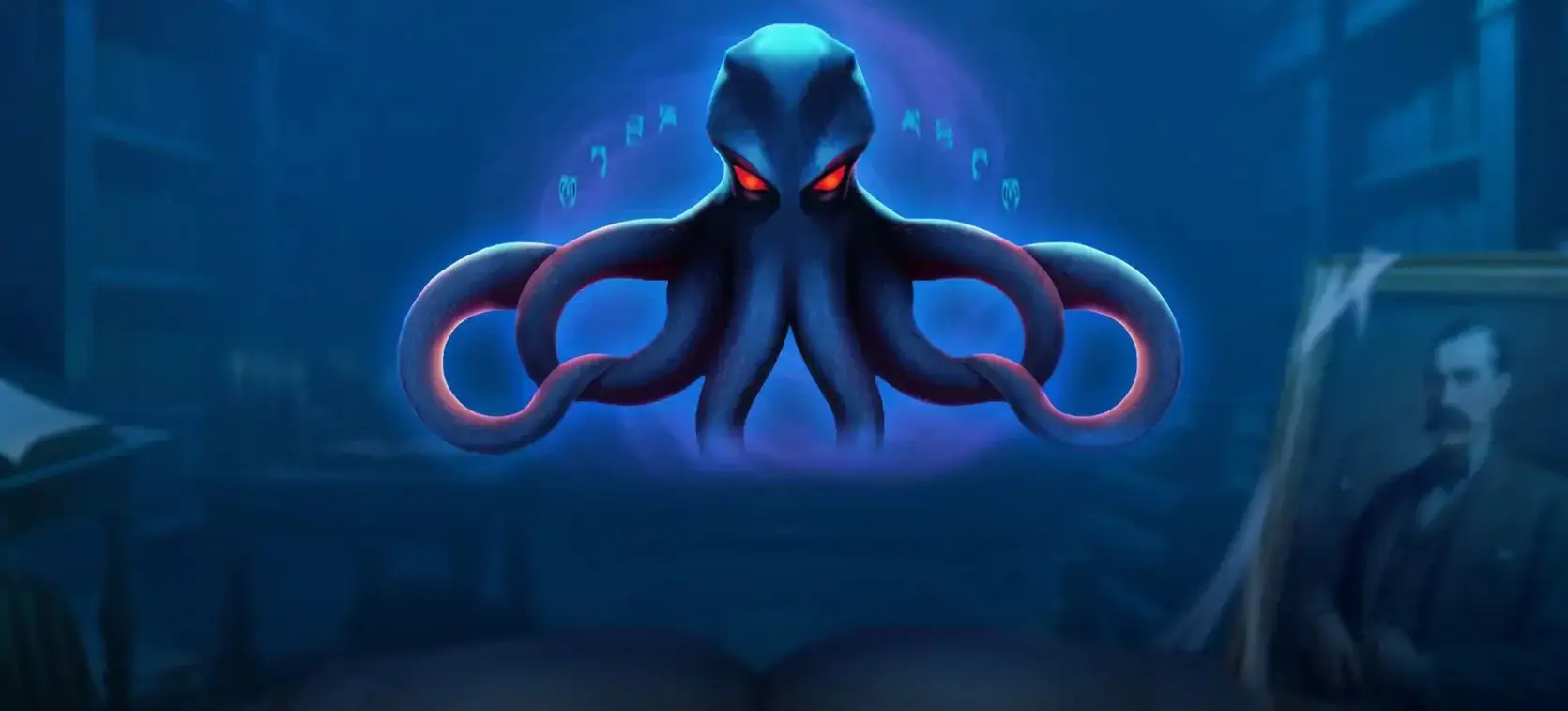 Popiplay Cultist logo, cthulu octopus creature with red eyes