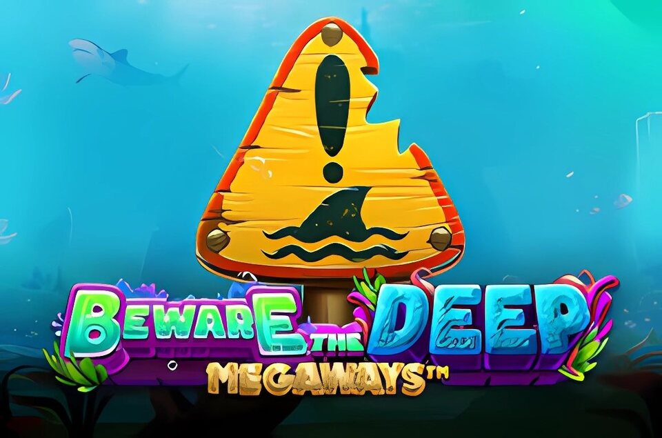 Illustration of a Shark fin aware sign with the text 'Beware the Deep Megaways,' set in an underwater scene with coral and marine life