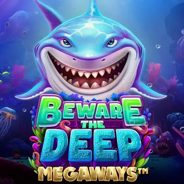 Illustration of a grinning shark with the text 'Beware the Deep Megaways,' set in an underwater scene with coral and marine life